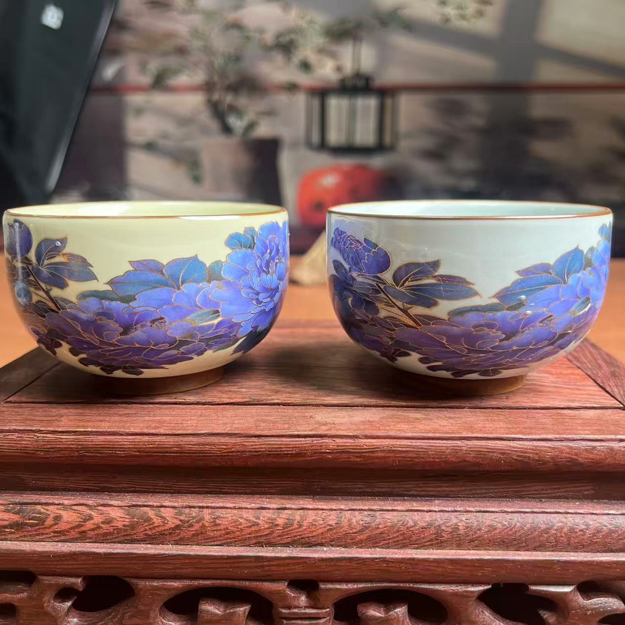 黄汝-变色牡丹-铜钱杯+天青-变色牡丹-铜钱杯对杯-3180