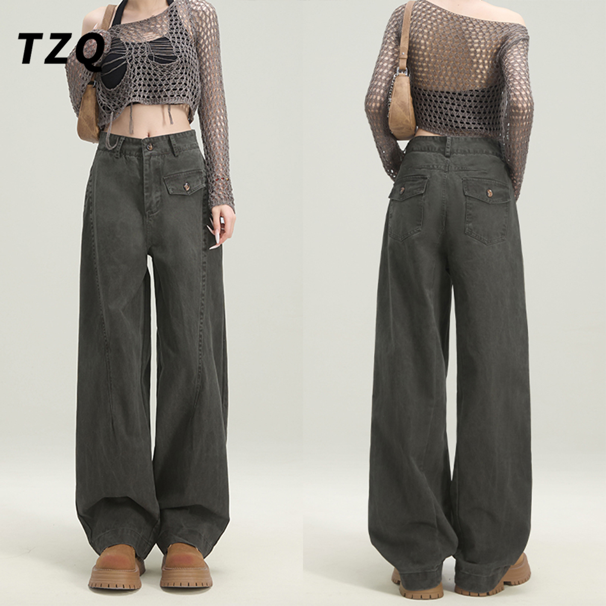 军绿色阔腿牛仔裤女式秋季新款美式高腰宽松显瘦工装裤TZQ2522441