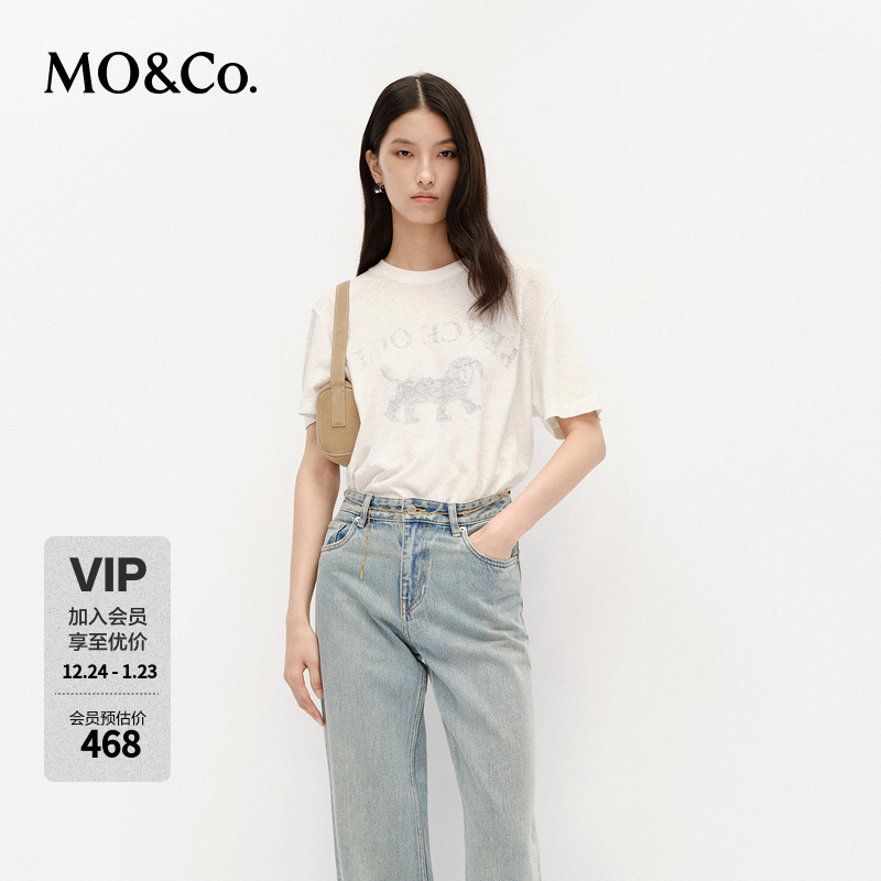 MOCO短袖T恤春季浅墨萌宠印花轻薄棉麻宽松圆领MBE1TEEK07