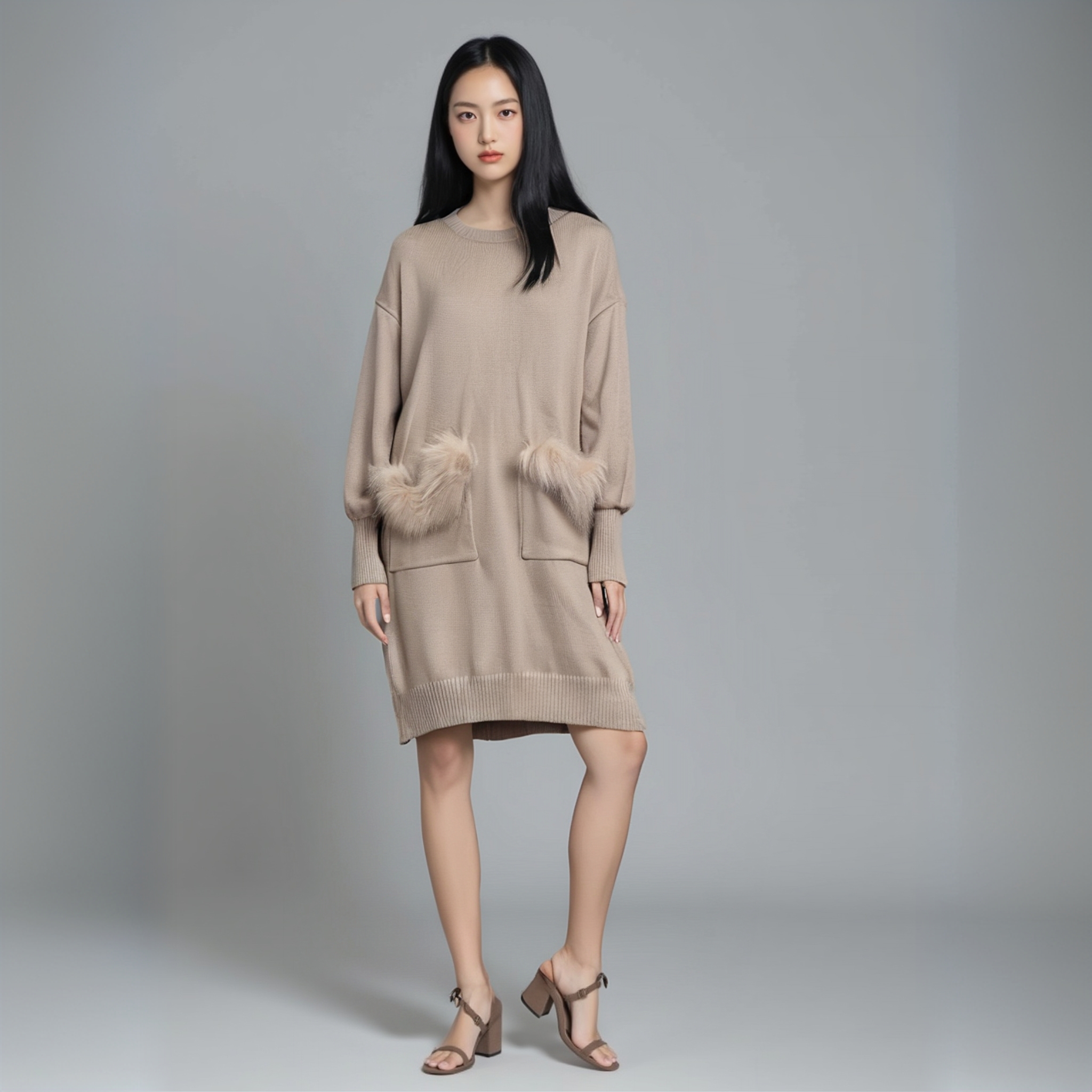 冬季纯色长袖连衣裙时尚流苏针织宽松圆领中长款慵懒风秋冬款