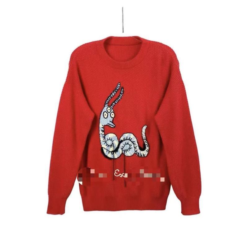 【G家】刺绣红色羊绒套头长袖秋季毛针织衫女卡通  0020