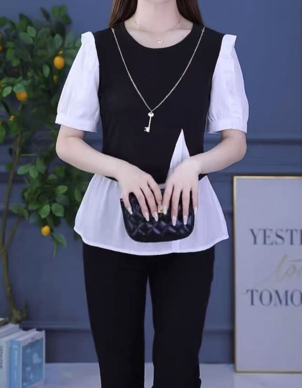 0483#项链款假两件短袖衬衫女显瘦气质时尚百搭夏季（微瑕不tui）