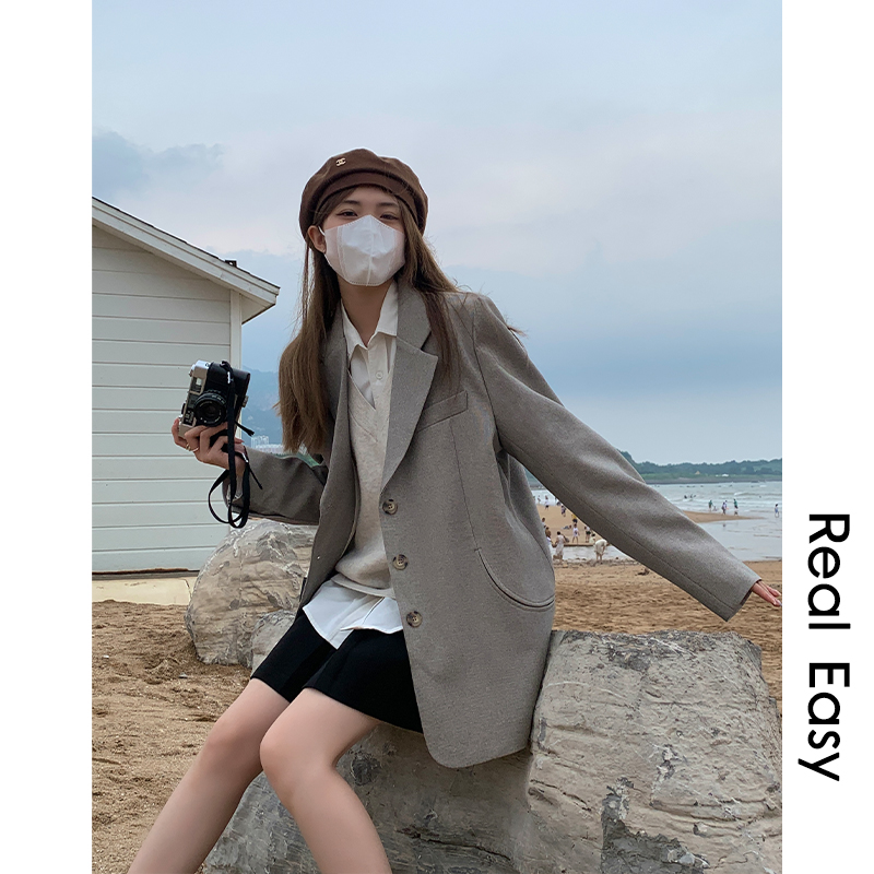 阿一 高级感廓形西装外套女春季新款宽松气质复古灰色休闲西服