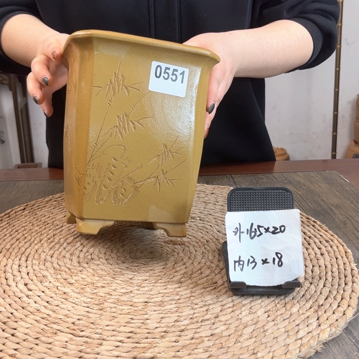 紫砂花盆青段切角高四方0551