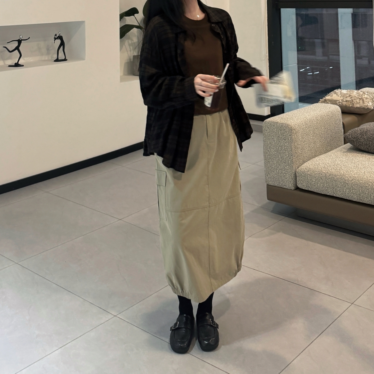 韩系时尚百搭休闲宽松简约松紧腰梭织半身裙女-M25202384