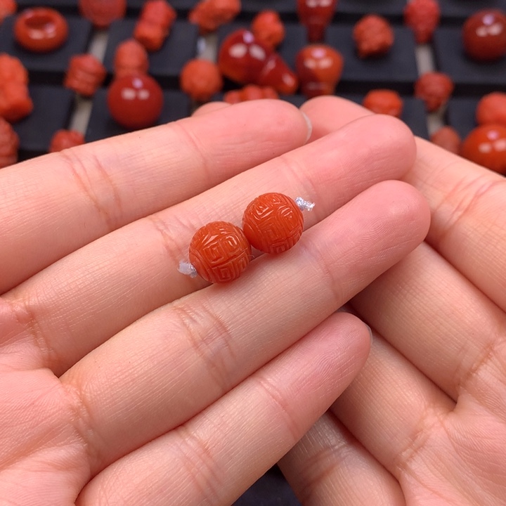 南红玛瑙未镶嵌回纹对珠9.8MM