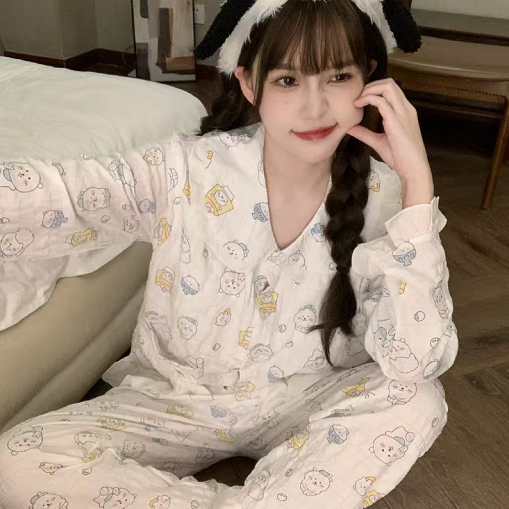 自嘲熊娃娃领可爱卡通睡衣家居服带胸垫