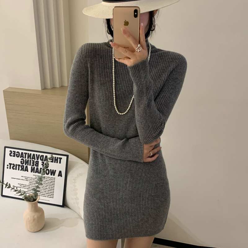 MDS100%羊毛衫一线高翻抽条长裙针织衫连衣裙 包臀裙-830