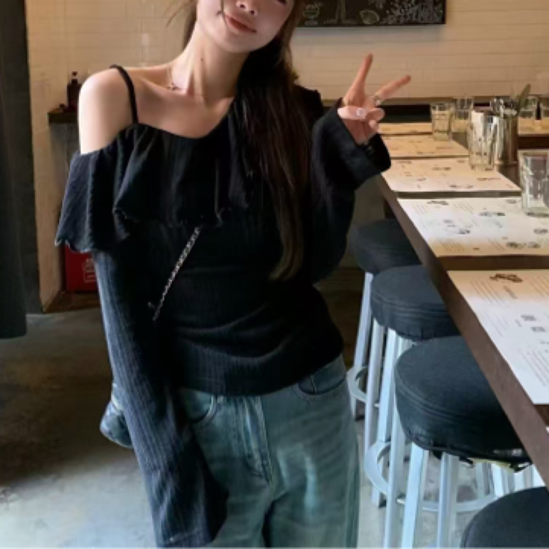 一字领荷叶边法式修身型打底T恤长袖