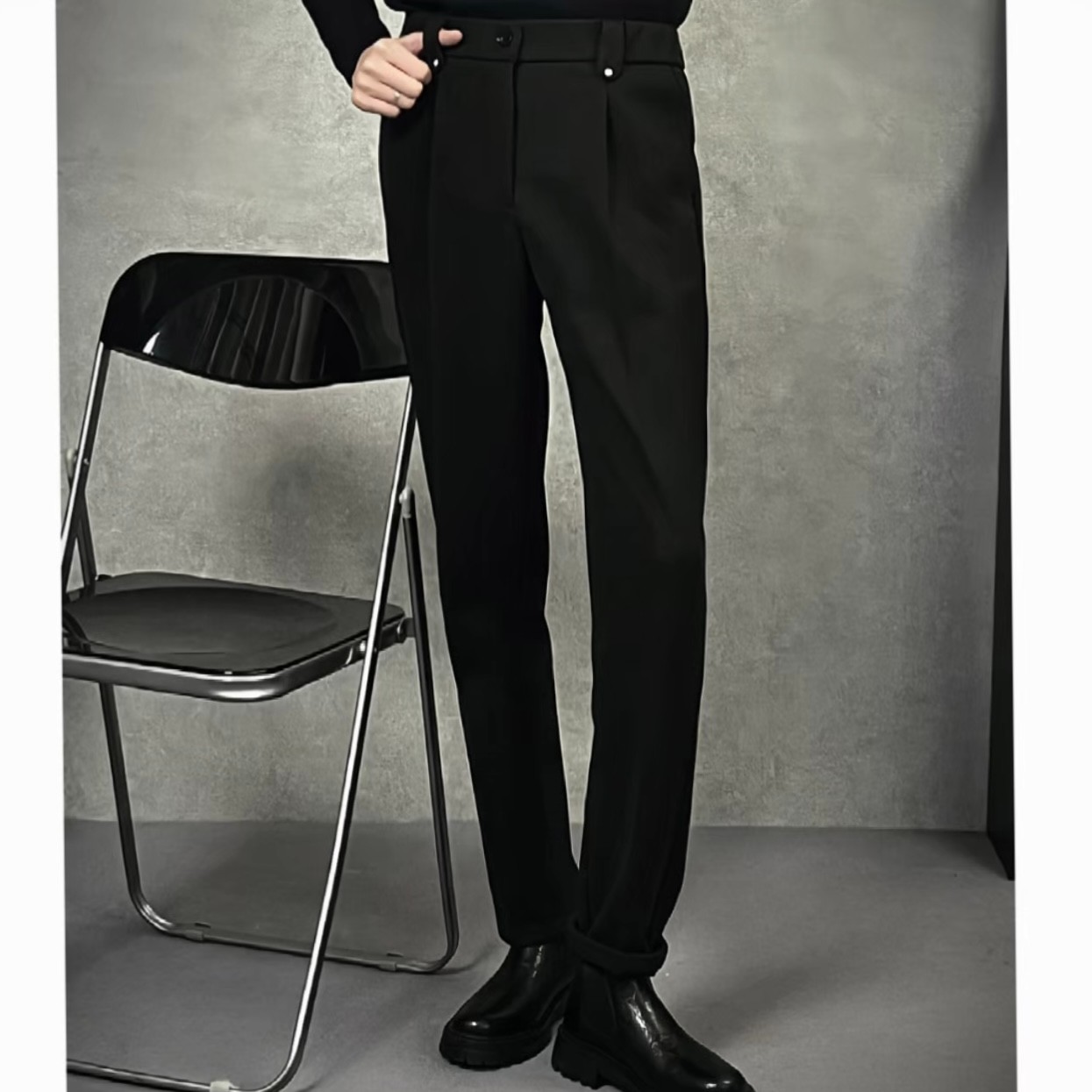 冬季轻熟风重磅毛呢加绒微锥中高腰时尚百搭黑色休闲西裤