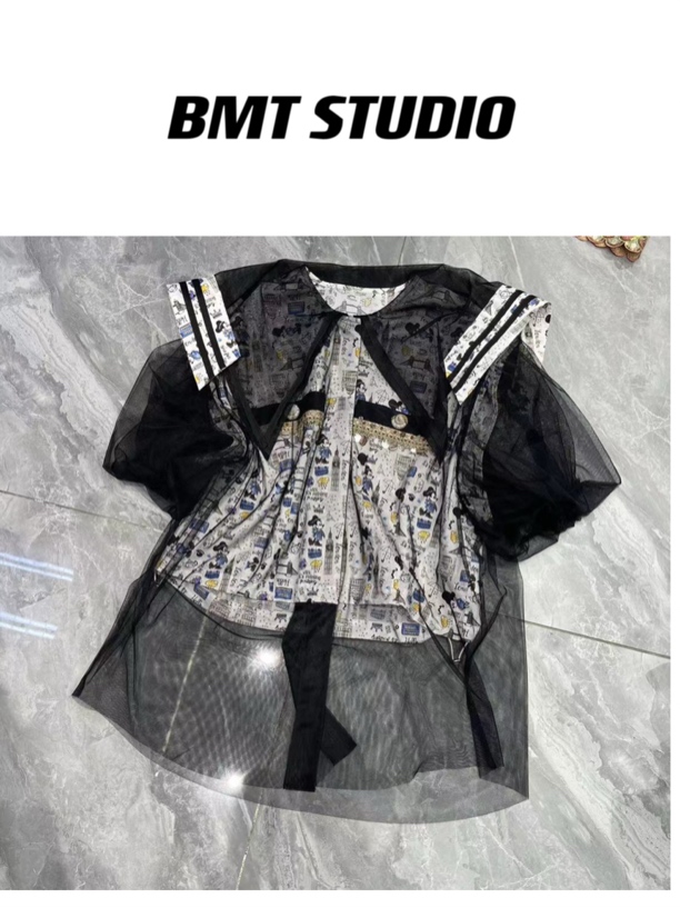 【夜精灵】原创设计纱纱拼接海军领卡通短袖衬衫