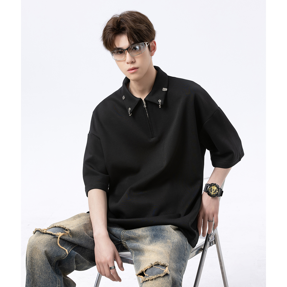 V37美式polo领短袖t恤男士2025新款青少年夏季穿搭简约百搭五分袖