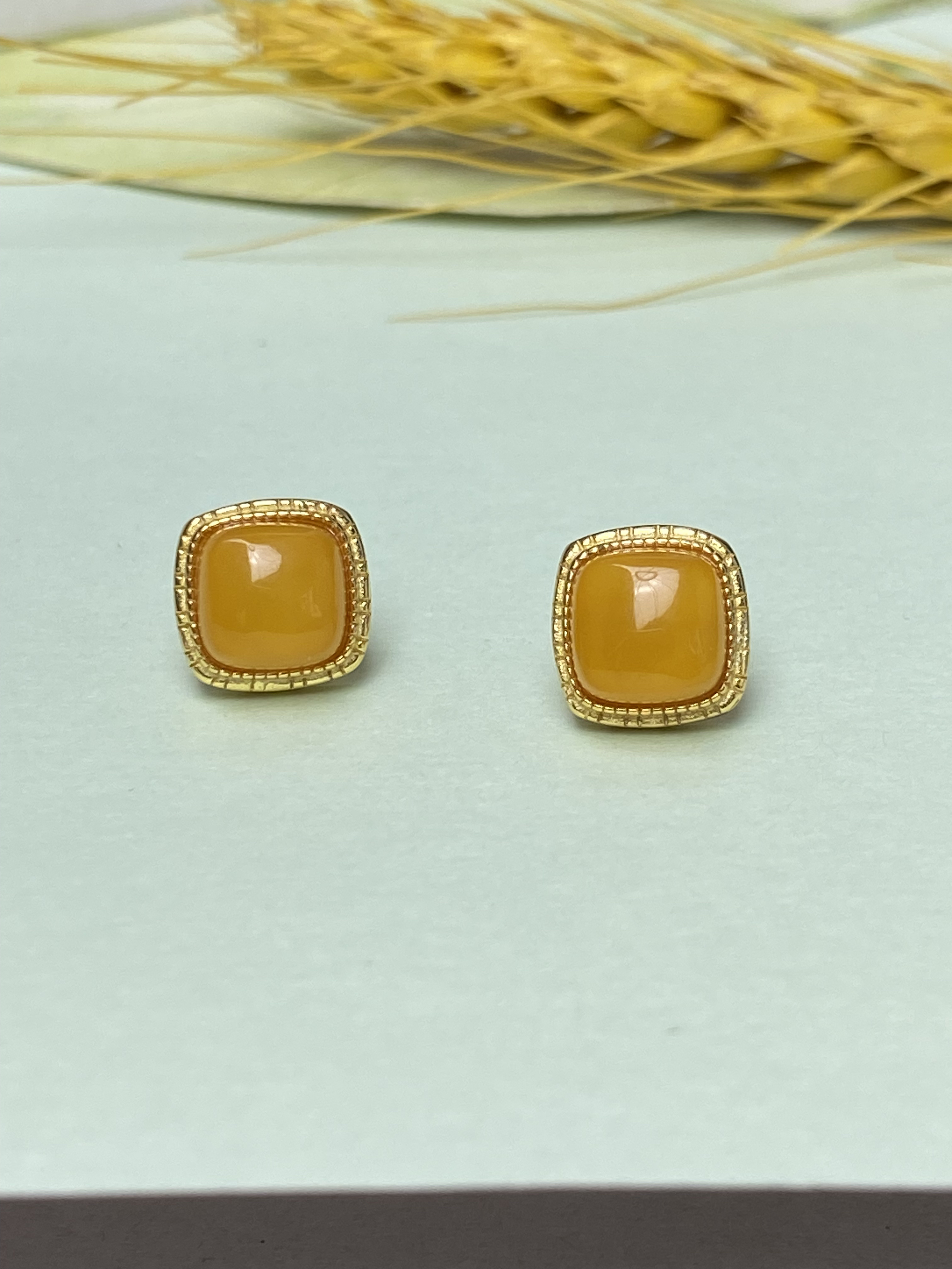 925银镶嵌蜜蜡正方耳环简单大方时尚气质耳钉耳环