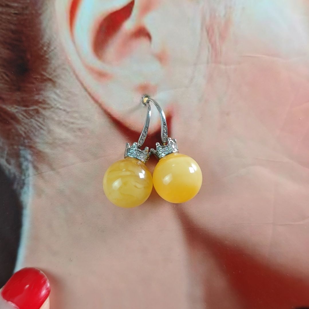 蜜蜡银S925镀金镶嵌耳饰