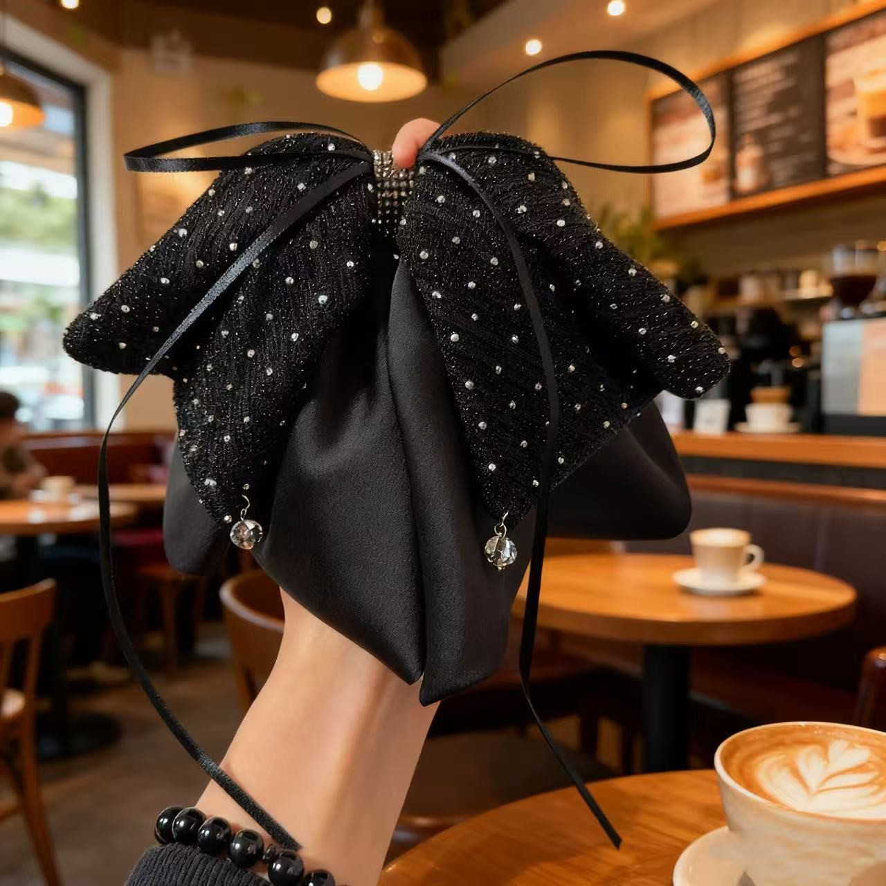 ｛夜雾黑蝶｝蝴蝶结马尾夹星空吊坠气质发夹后脑勺半扎发夹3685