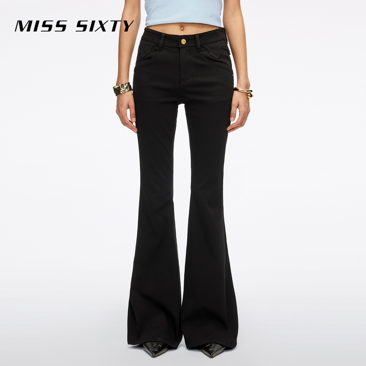 Miss Sixty2026春季新款牛仔裤女中腰修身显瘦四面弹喇叭裤小黑裤