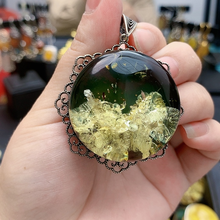 琥珀裸石银S925镶嵌坠