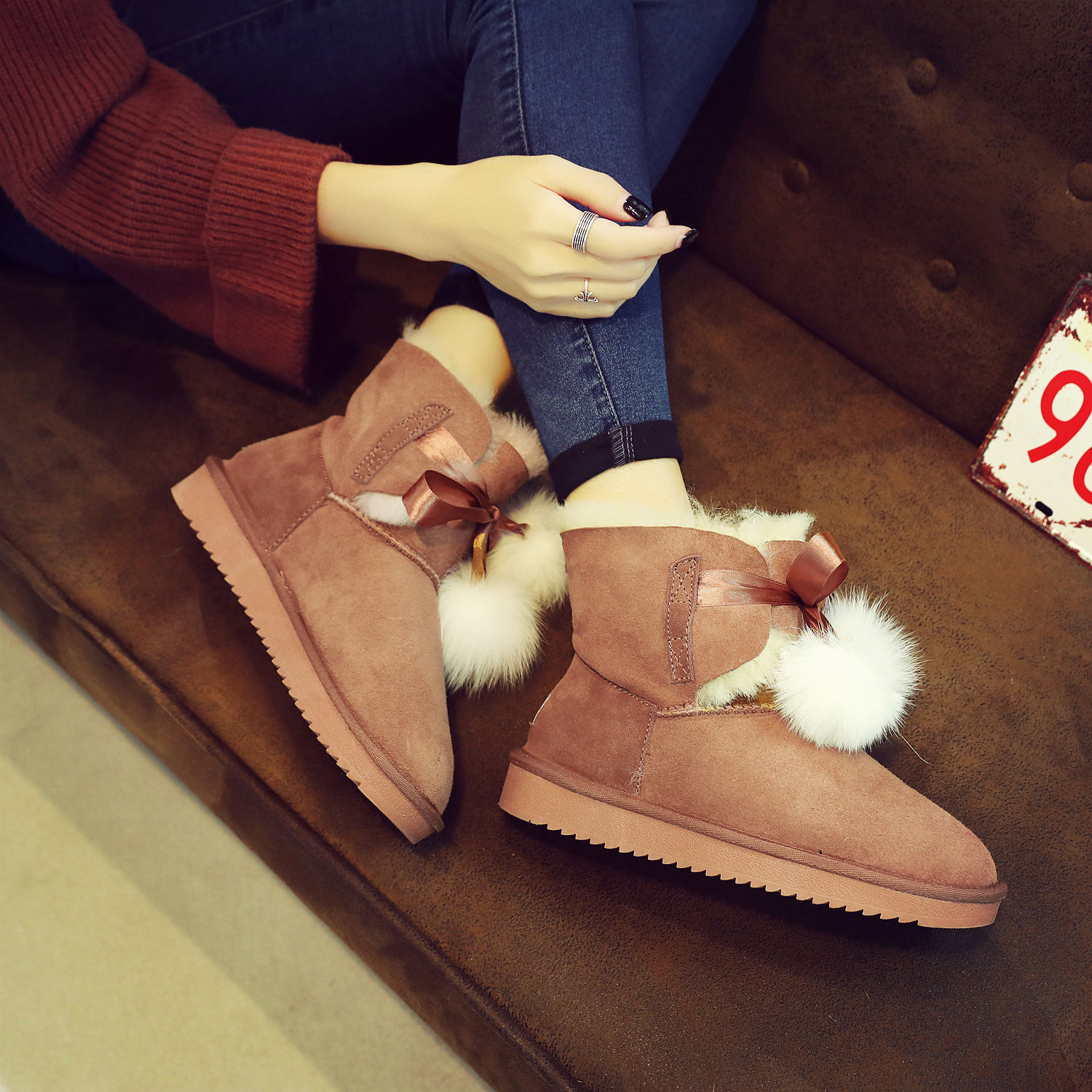 羊皮毛一体雪地靴女短靴2024新款5838双球冬季保暖防滑棉鞋