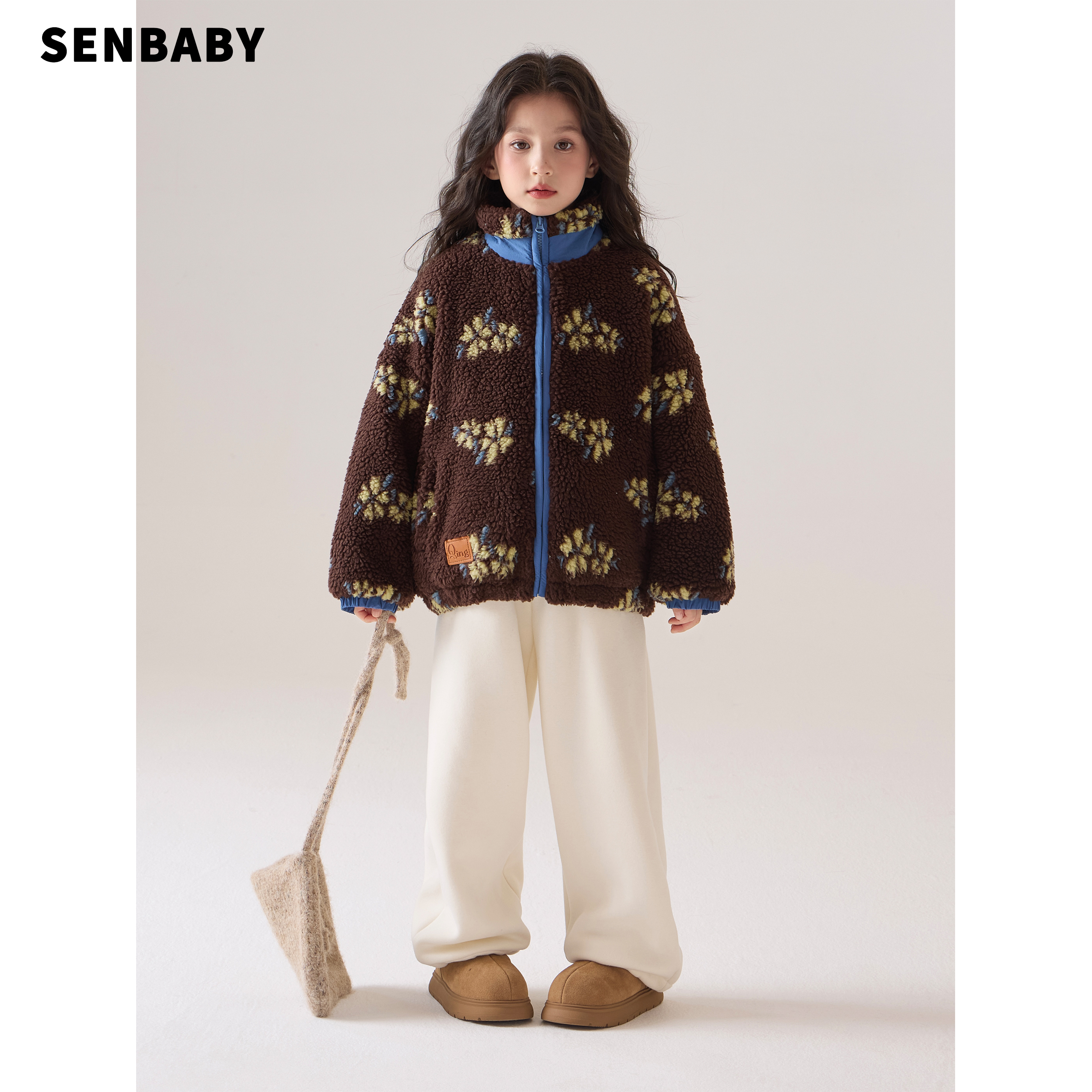 【现货】senbaby女童洋气保暖加棉冬季复古小立领满印碎花毛绒外套