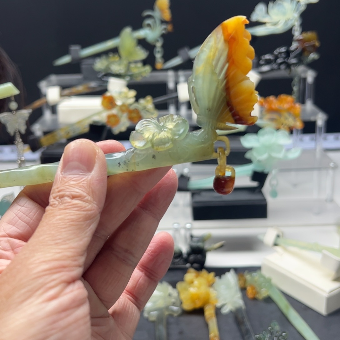 岫玉福利发簪足银镀金镶嵌