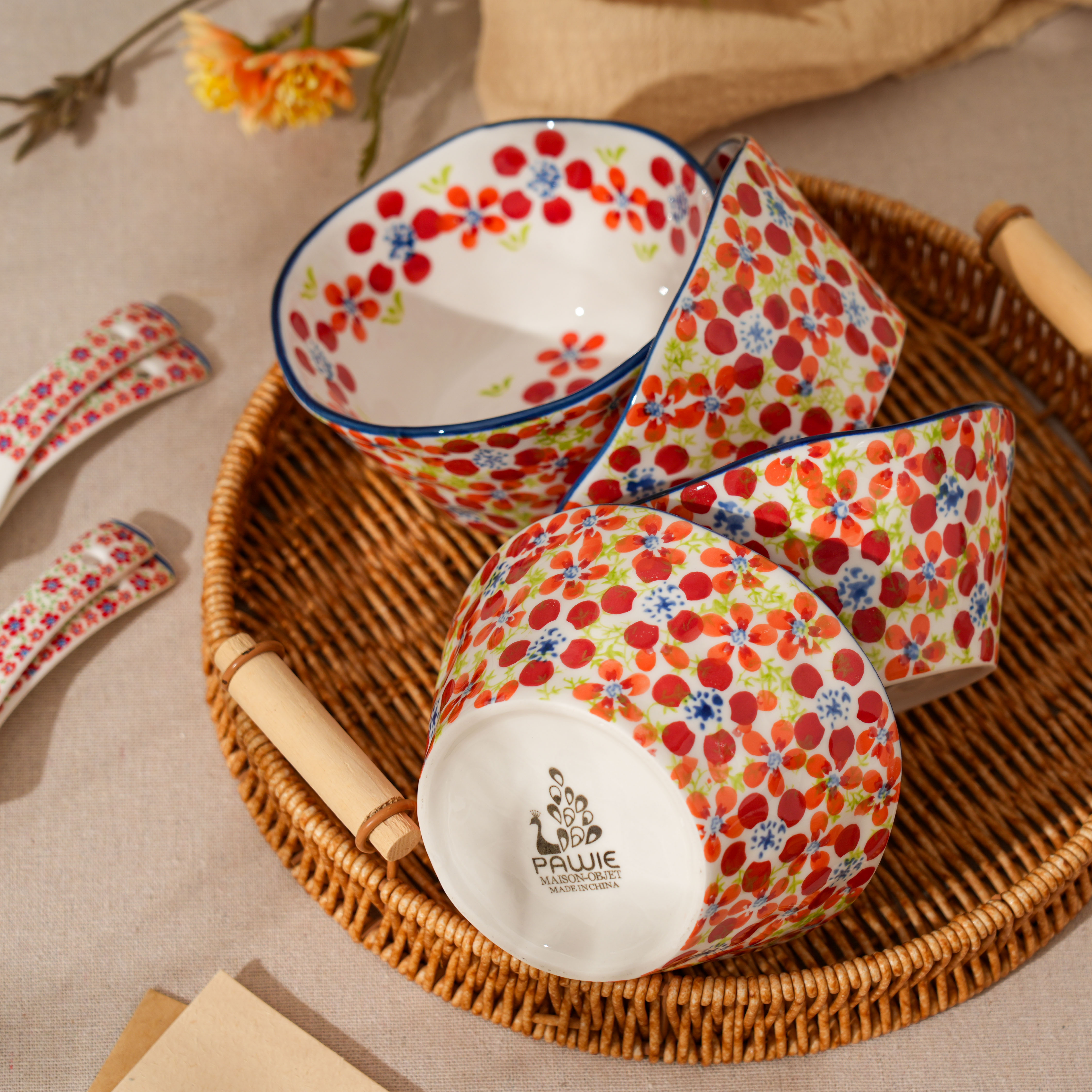 【美森专属】（四碗四勺）手绘碧丝粉黛5英寸斗笠碗