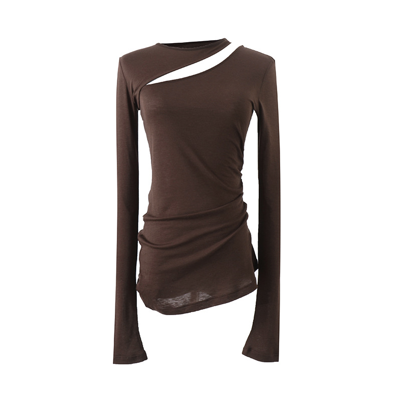 微透修身收腰显瘦可拆卸斜肩上衣女长袖T恤