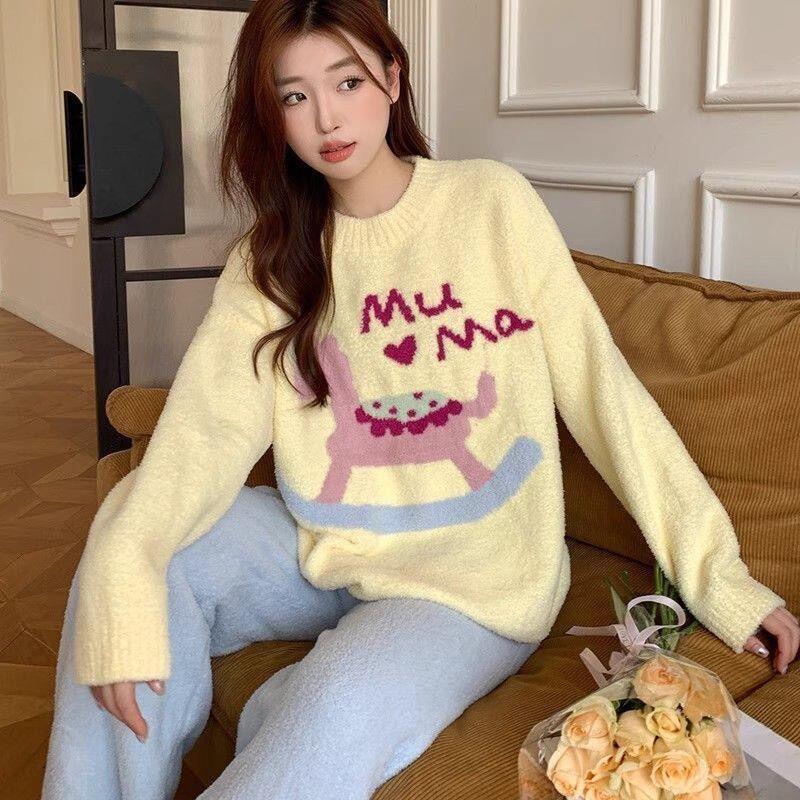 秋冬半边绒舒适保暖睡衣女翻领家居服可爱卡通宽松加厚可外穿套装
