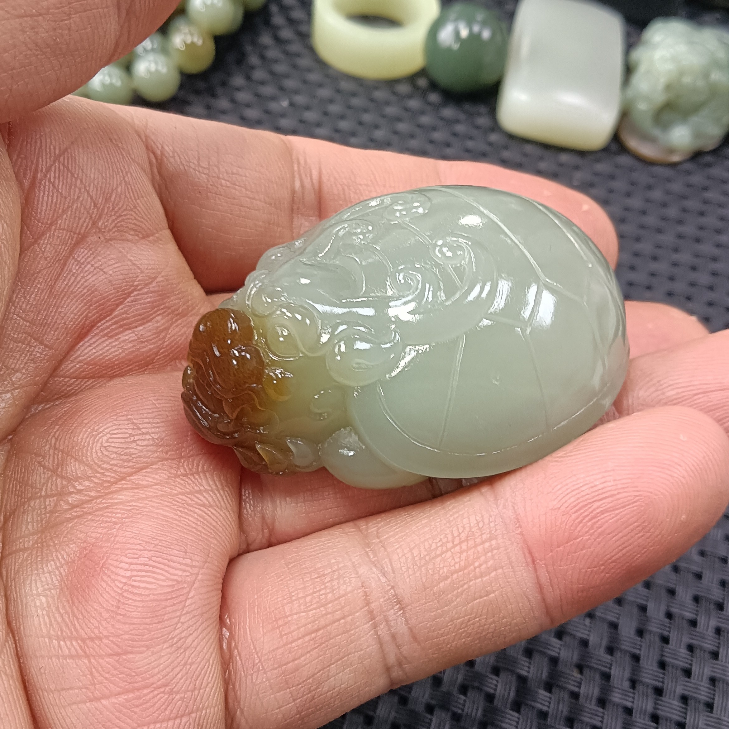 新疆和田玉且末近矿糖青白龙龟鸿运当头小摆件茶宠手玩件重69克