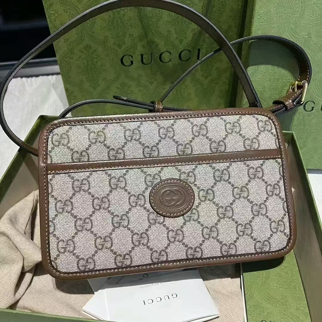 全新未使用 GUCCI/古驰 老花牛皮乌木色盒子包单肩包
