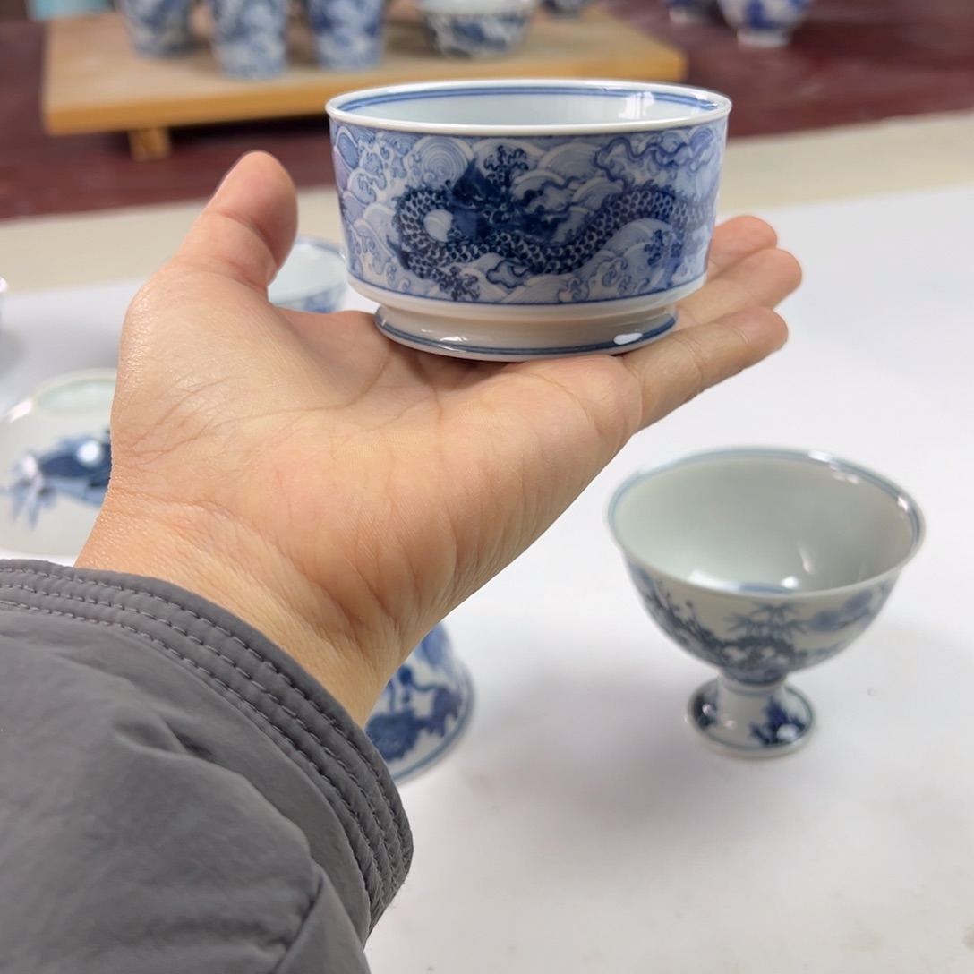 树**凉凭阑亭海水龙杯景德镇手绘