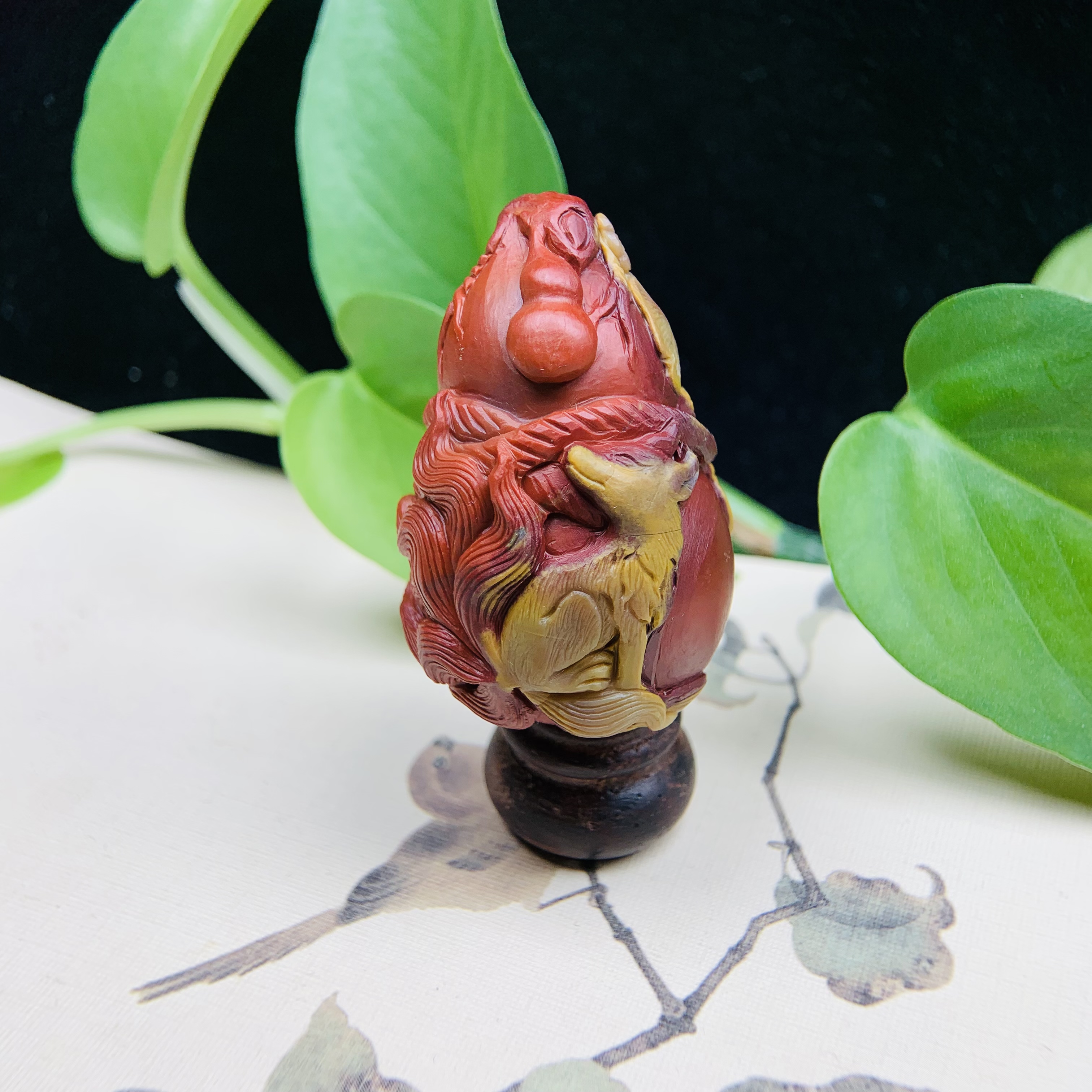 天然老矿盐源玛瑙俏色红黄包浆九尾狐葫芦摆件挂件手工精雕