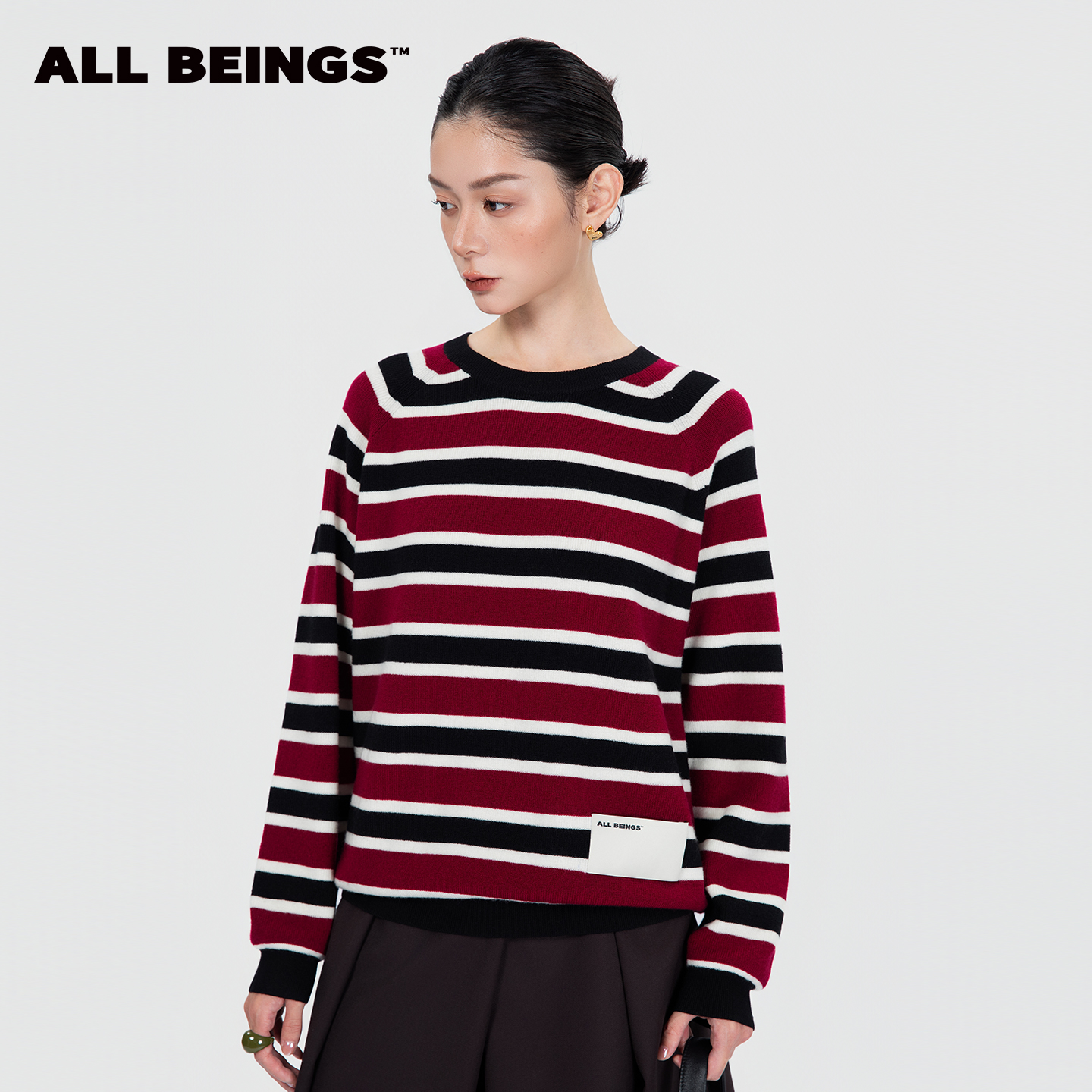 ALL BEINGS25AW设计师新款红黑条纹套头宽松撞色圆领毛衣女