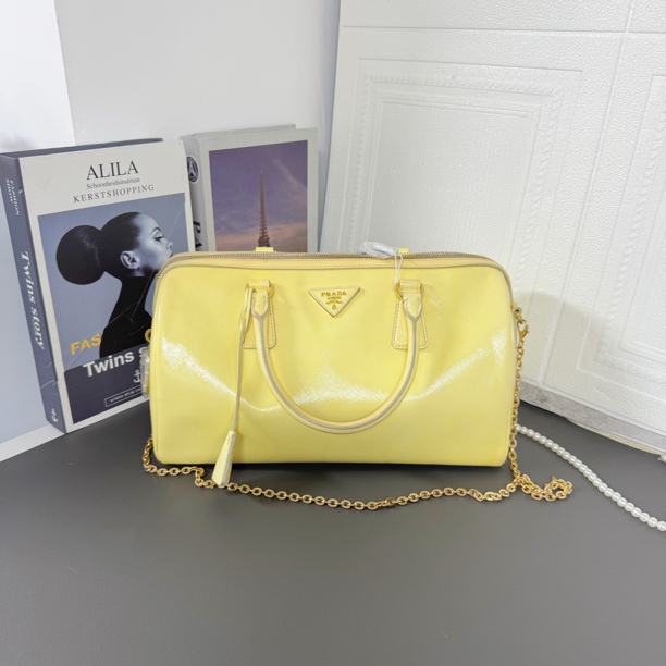 95新 Prada/普拉达 小鸡黄波士顿包手提单肩包