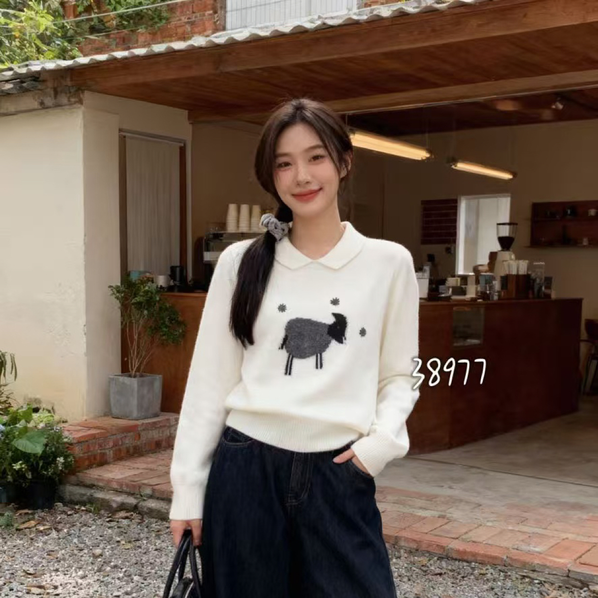 【妙女郎】翻领卡通提花宽松慵懒风套头内搭针织毛衣女A6011