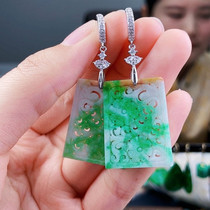 翡翠耳饰银S925镶嵌饰品