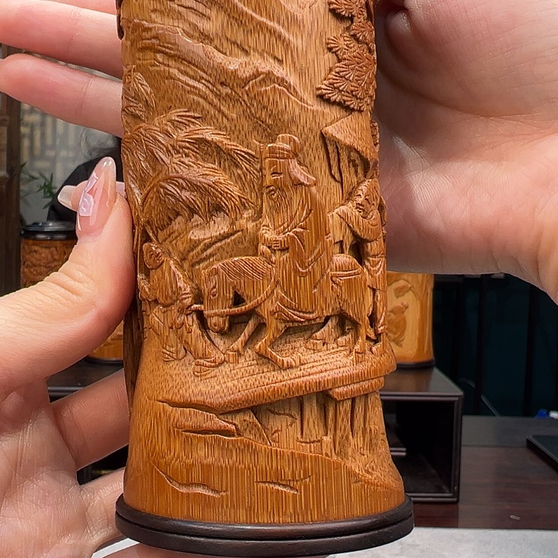 竹竹雕行旅图茶叶罐