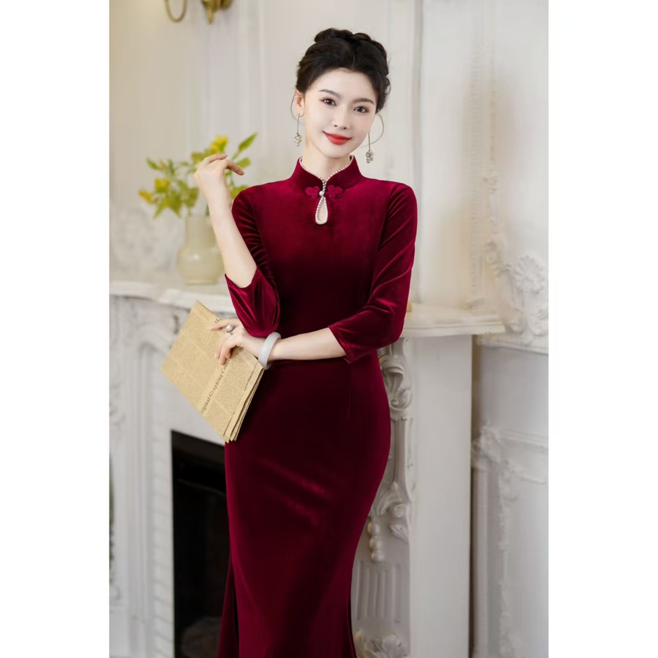 礼服红色旗袍鱼尾裙改良版裙喜婆婆喜妈妈喜服婚宴装长袖2025新款