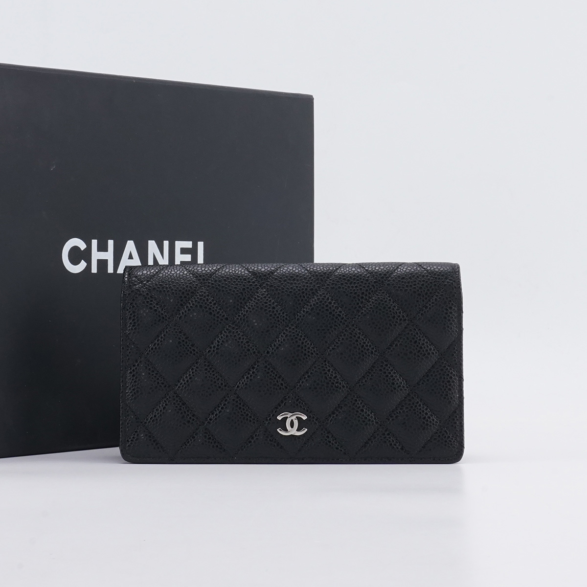 95新 Chanel/香奈儿 【诗诗】香奈儿 对折钱包长款荔枝纹黑银