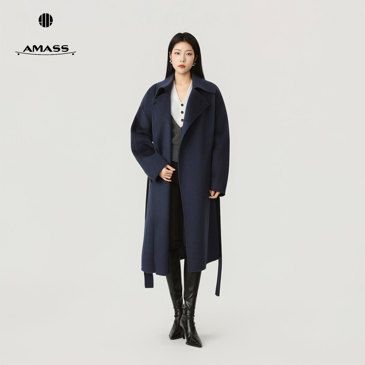 AMASS/阿玛施冬季高级感羊绒双面呢翻领长款大衣(附腰带)540029