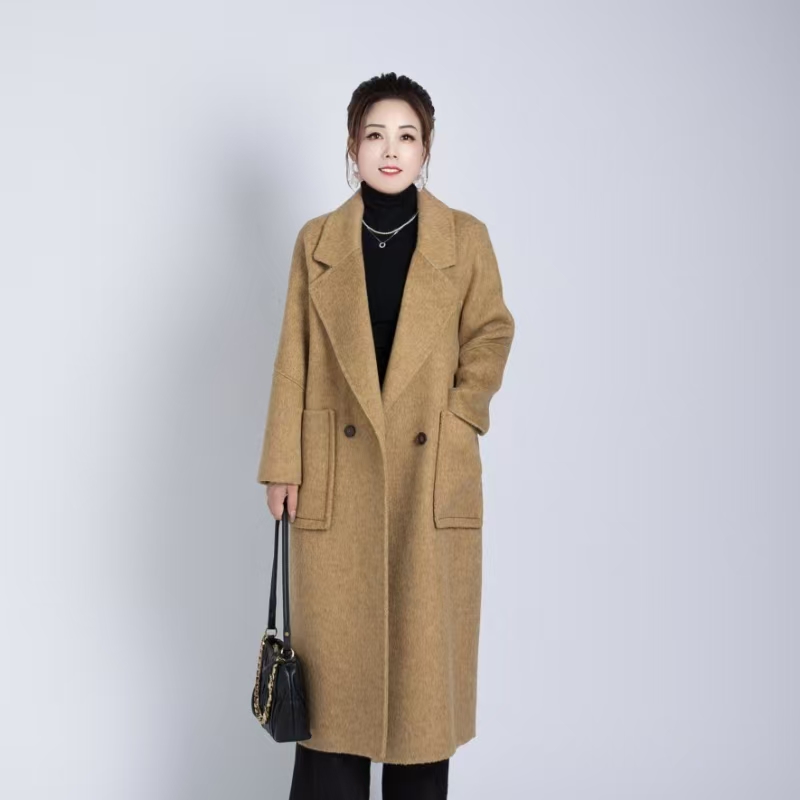 98011宽松休闲贡针西装领双面羊毛大衣长款女士外套