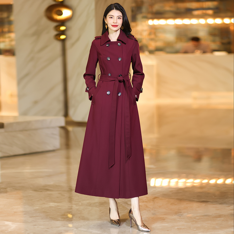 长款修身型常规纯色翻领系带风衣显瘦收腰大衣休闲风女装春秋新款