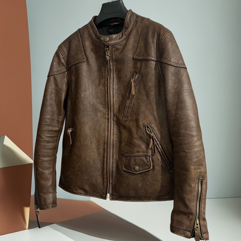 毒液款式复古石磨重水洗做旧全植鞣头层牛皮修身短款皮夹克外套