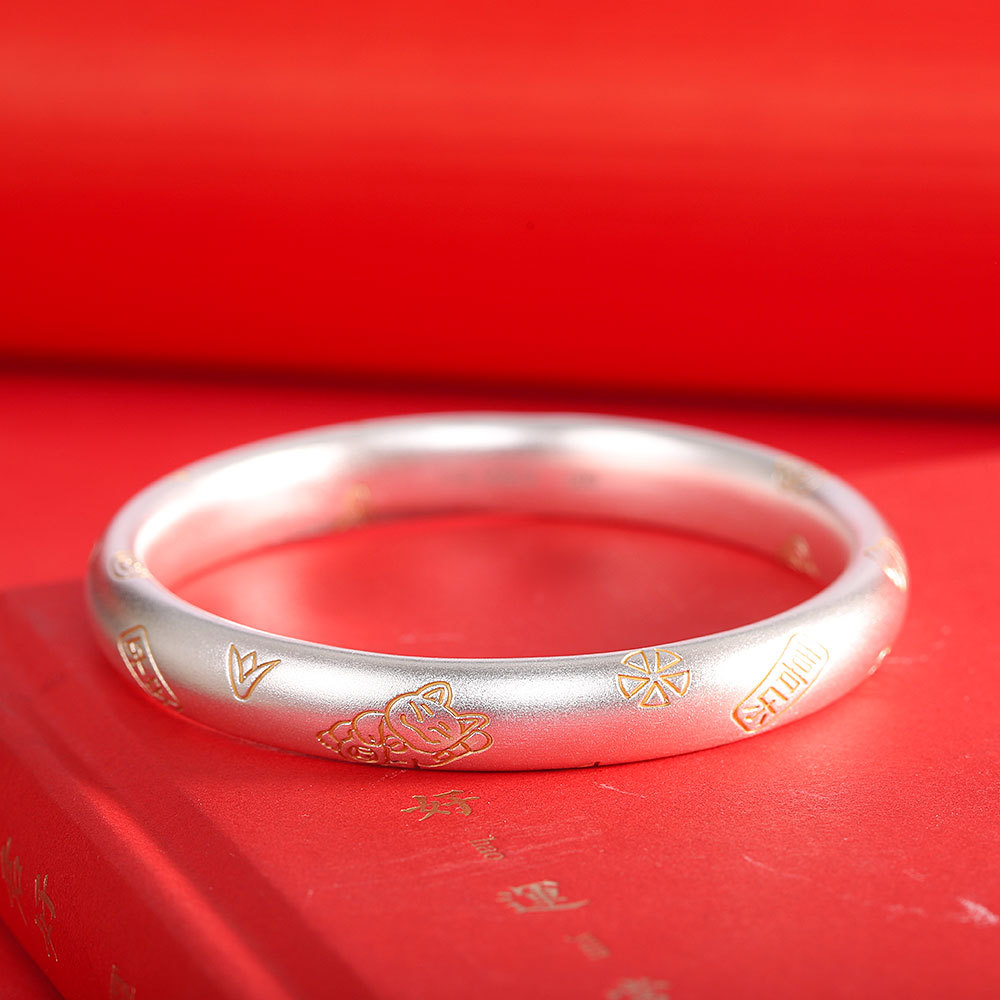 足银手镯 古法磨砂吉言喵手镯 8MM 新中式轻奢时尚百搭 YS142