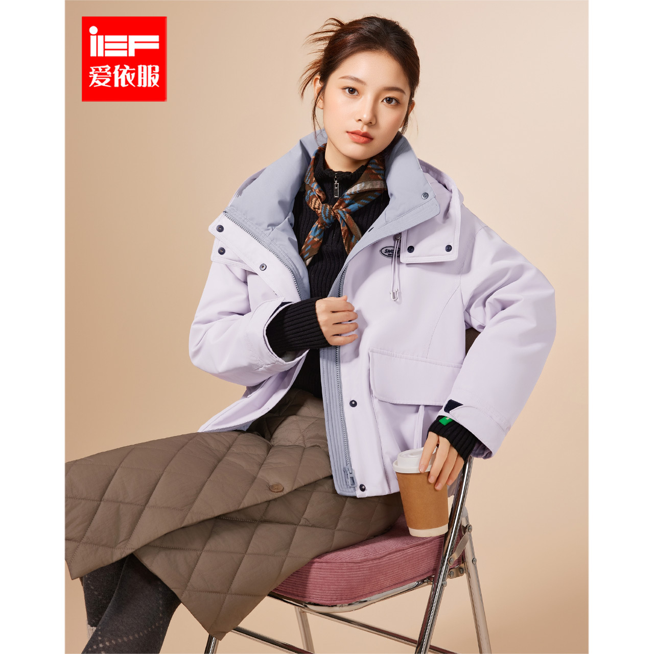 IEF/爱依服2025冬季新款韩版时尚休闲风设计感加绒保暖工装风外套