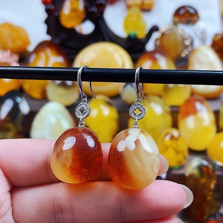 琥珀颈饰银S925镶嵌耳环