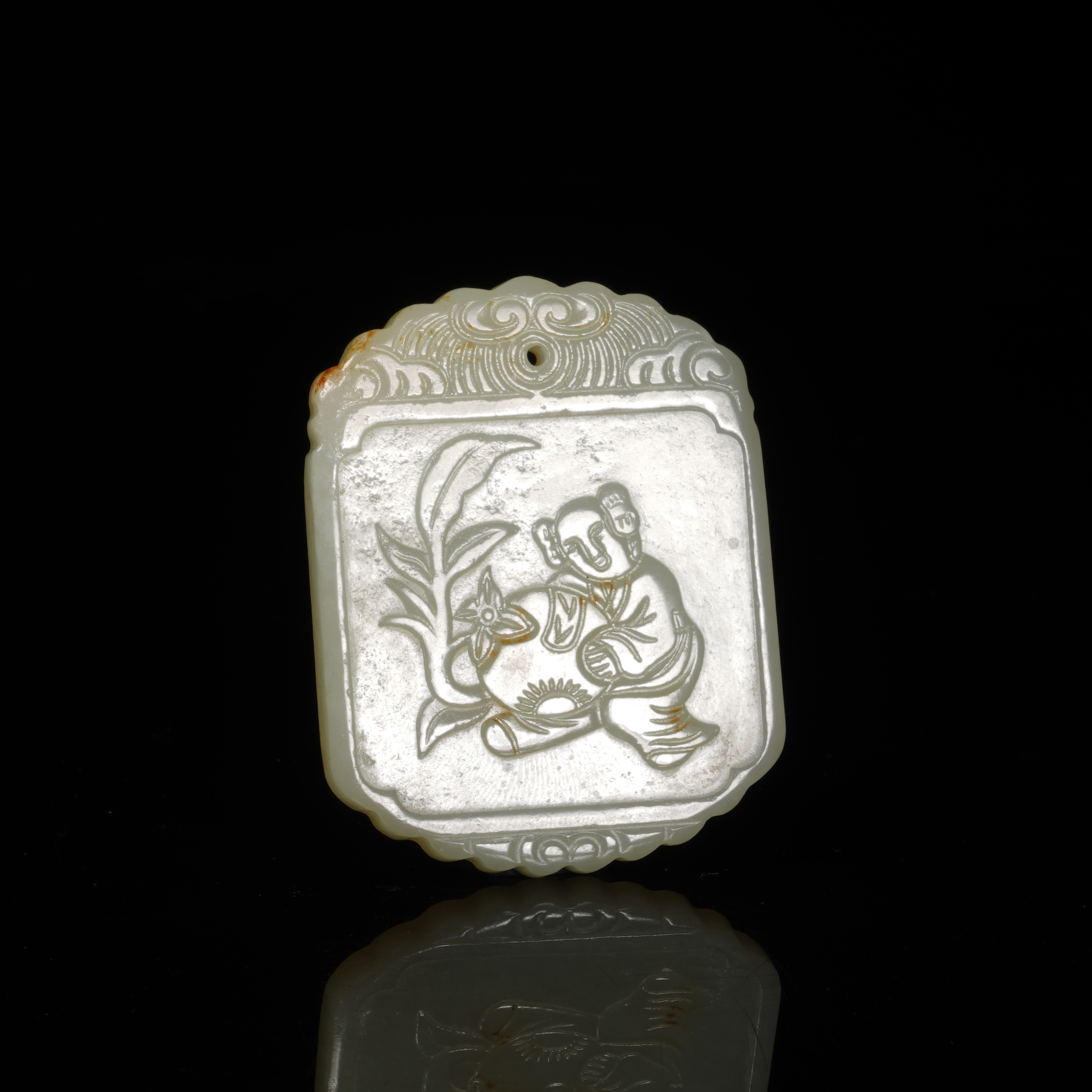 Lot53 清代 和田白玉童子献福方牌