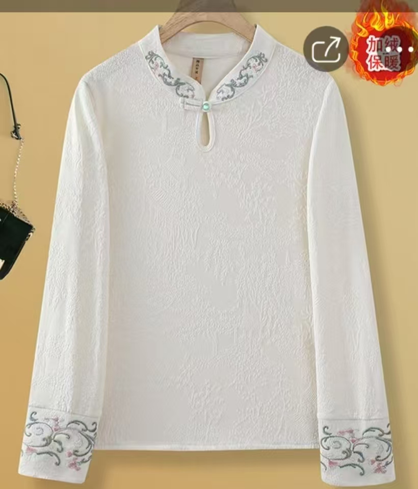 新中式国风加绒打底衫秋冬新款女士长袖上衣复古民族风刺绣T恤女