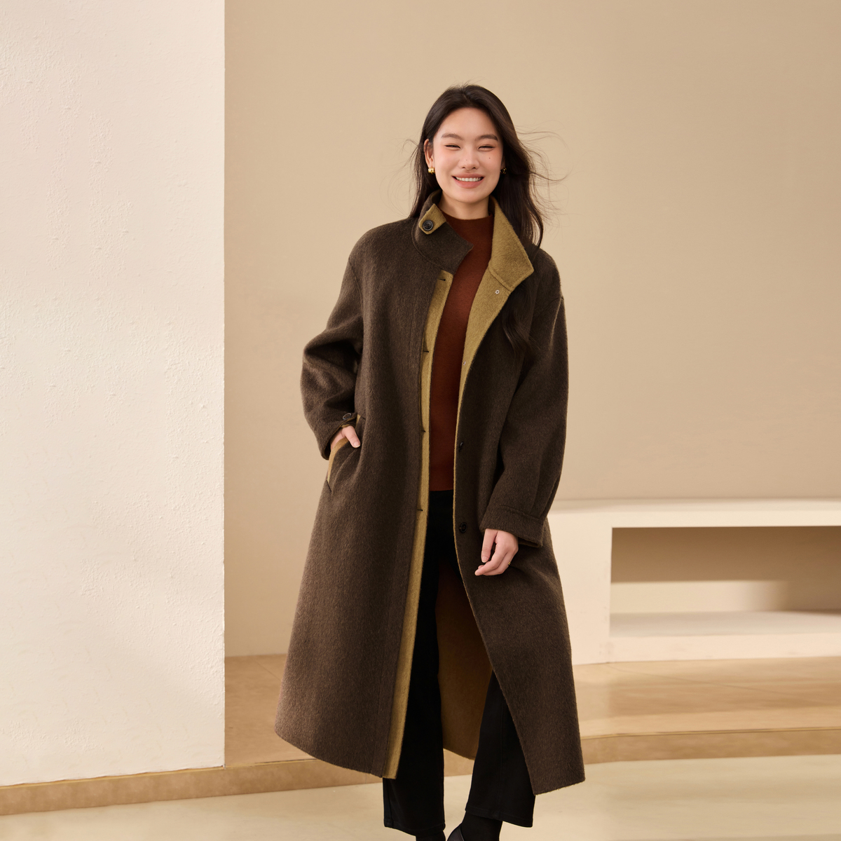 【琥珀】纤莉秀大码女装流光风100绵羊毛双面呢加厚毛呢外套QK3049