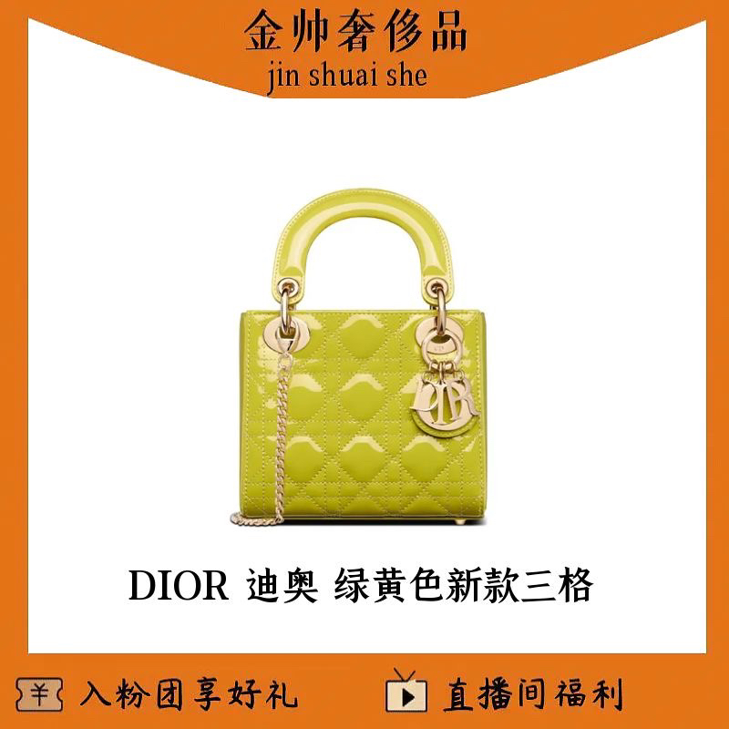 99新 DIOR/迪奥 绿黄色/新款/三格戴妃/漆皮/手提包/B4419