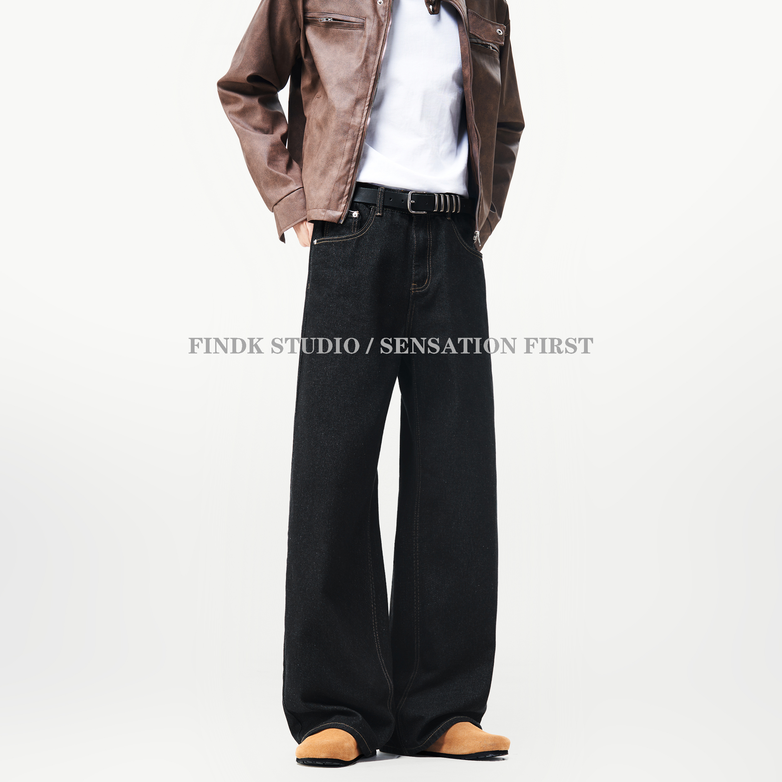 美式Cleanfit原牛黑牛仔裤男女"2021M"秋冬加绒原色宽松直筒长裤